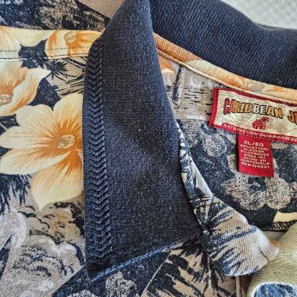 Caribbean Joe Mens Hawaiian Floral Polo Shirt XL Navy/Orange Cotton Blend - Picture 5 of 7